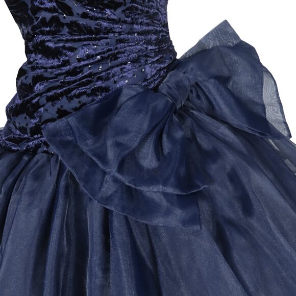Vintage 80s Navy Blue Velvet Burnout Full Skirt Bow Dance Prom Party Dress XS S - Picture 10 of 12